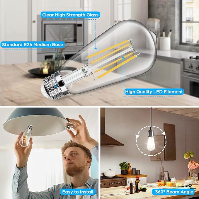 4-Pack Vintage E26 LED Edison Bulbs 100W Equivalent 1400LM High Brightness 8W ST58 LED Filament Light Bulbs 4000K Daylight White Medium Base CRI90+ Antique Clear Glass for Home Office, Non-dimmable