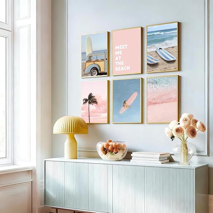6Pcs Pastel Beach Wall Art Prints Pink Blue Coastal Granddaughter Wall Decor Pictures Summer Beachy Palm Trees Aesthetic Posters for Girly Bedroom Dorm Apartment Home Decoration Unframed 12x16in