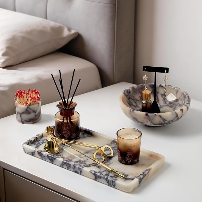 Luxury Natural Rectangle Marble Tray – 11.8 x 5.9-Inch Calacatta Viola Stone Vanity Tray, Modern Makeup Organizer for Perfume Skincare Products, Decorative Tray for Bathroom Coffee Table & Dresser