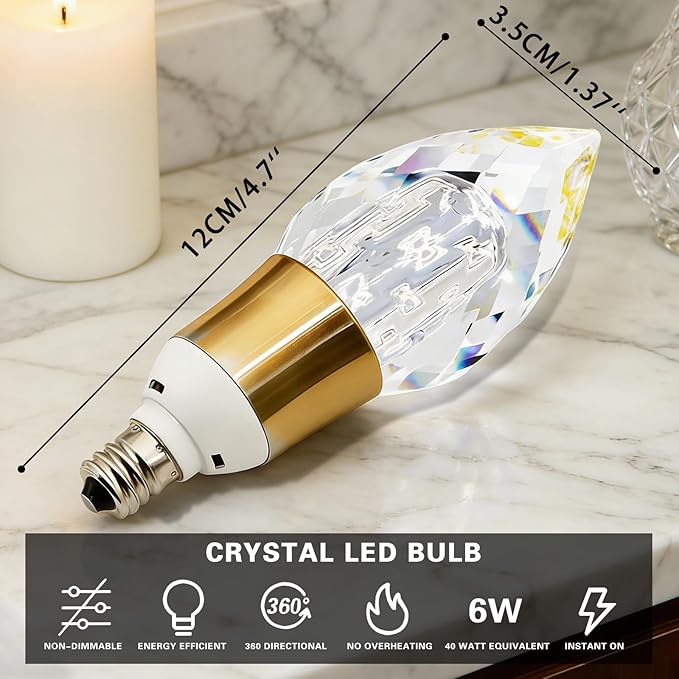 6 Pack Crystal Decorative LED Light Bulbs 5w, 40 Watt Equivalent, Fancy Unique Chandelier Light Bulbs E12 Base Non-dimmable,3000K Lightbulbs for Staircase,Bars,Ambience (FP-17A, 6PCS)