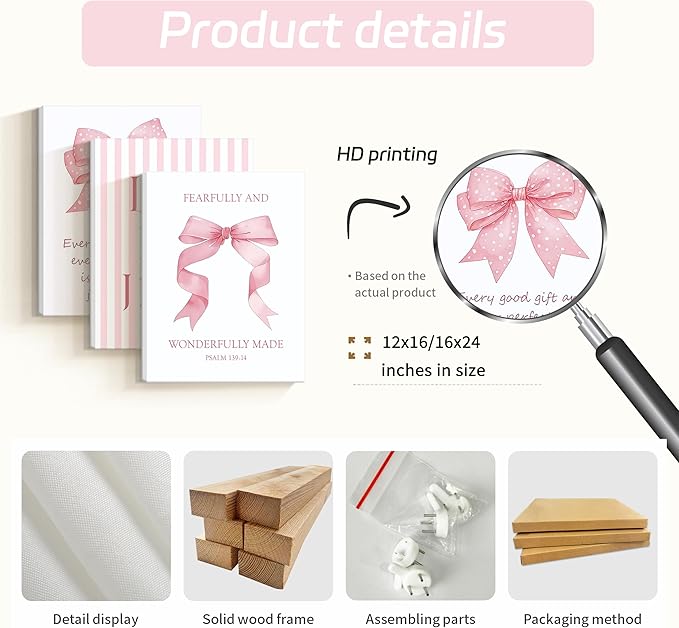 Dytila 3 Piece Pink Bows Wall Art for Girls Room, Bible Verse Pictures Bathroom Decor, Coquette Wall Artwork, Cute Teen Room Decoration, Dorm Decor for College, College Gifts for Girls 16x24 Inch