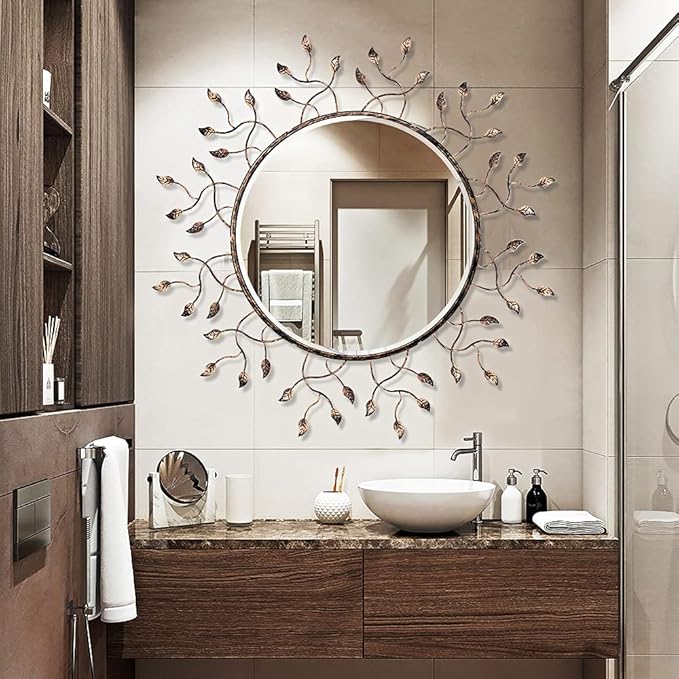 Chende Round Decorative Mirror for Wall Decor, 39" x 39" Large Living Room Mirror with Removable Metal Leaves for Entryway, Home Office, Bedroom,Farmhouse