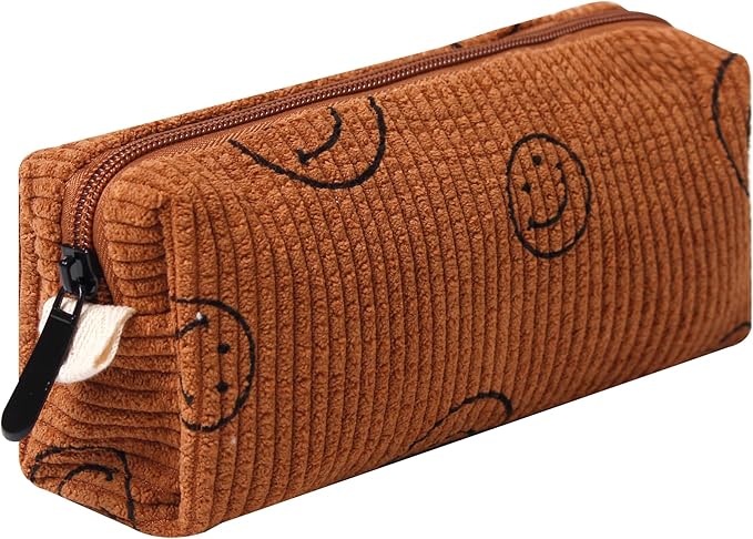 Pencil Case Lightweight Aesthetic Pen Case Office College School Storage Bag Pouch Holder Box Organizer Makeup Pouch Cosmetic Bag for Girls Boys Kids (Smile-Brown)