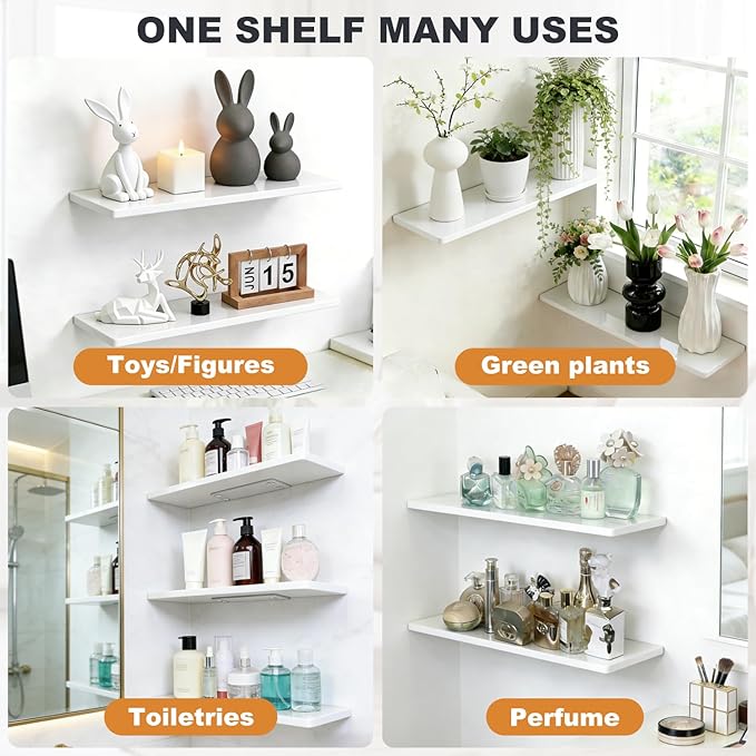 Acrylic Shelves for Bathroom Storage, 12" Floating Shelves Wall Organizer for Perfume, Make up, Skincare, Kids Bookshelf for Bedroom, Nursery, Living Room Decor, White, 2 Pack