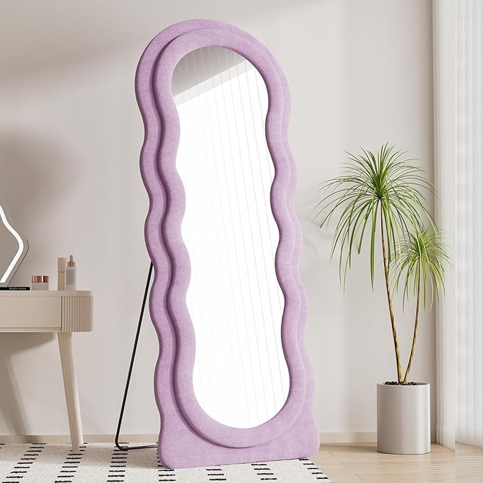 Dewfig Wavy Full Length Mirror with Stand, 63" x 24" Irregular Floor Mirror, Large Floor Length Mirror, Freestanding/Leaning/Wall Mounted, Flannel Wrapped Wooden Frame for Bedroom/Living Room, Purple