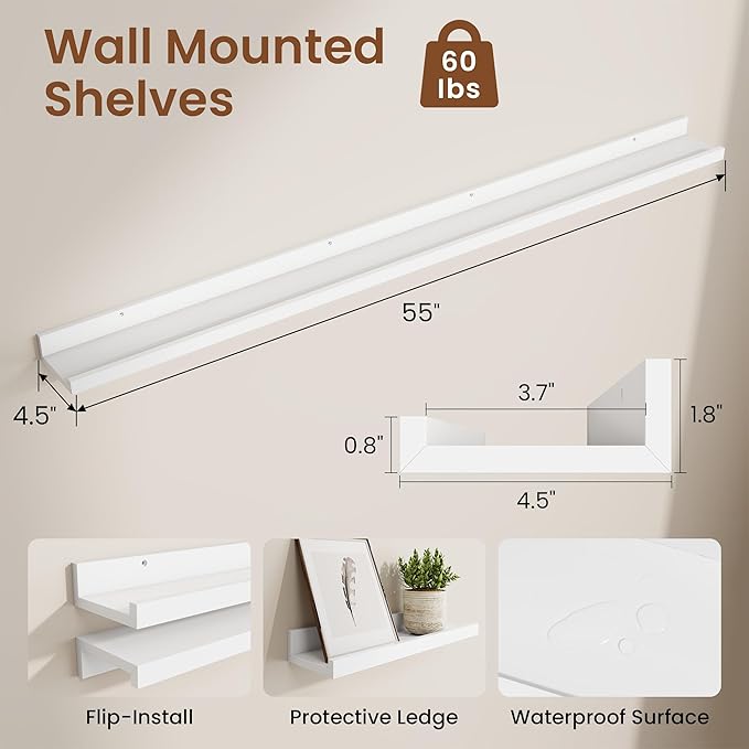 Heimlove Picture Ledge Shelf,56 inch Long Floating Shelves for Wall Set of 2,White Picture Shelf with Lip for Wall Decor,Living Room,Bedroom,Bookshelf,Nursery,Perfume