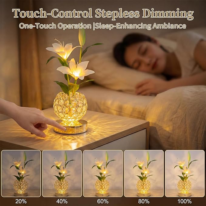 Stargazer Lily Flowers Table Lamp, Rechargeable Cordless Touch Crystal Lamp with 3 Color Modes, Easter Lily Night Light for Bedroom Kitchen Office Decor, Birthday Mothers Day Gifts for Women Mom