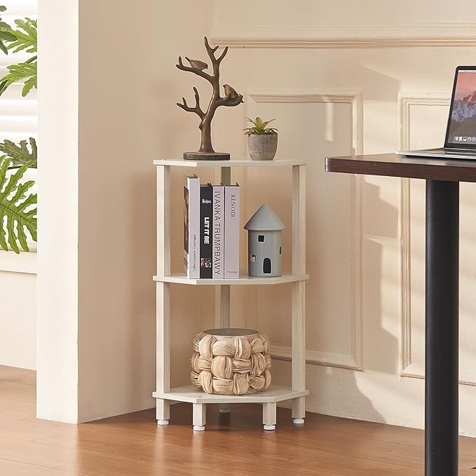 YUFAM 3-Tier Corner Shelf with Sturdy 5-Leg Base, 29in Tall Narrow Bookcase for Small Spaces, Wooden Plant Display Shelf, Thin Bookshelf for Living Room, Bedroom, Office, Grey White