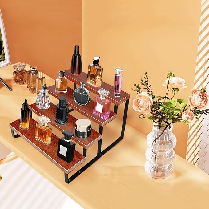 Wood Cologne Organizer for Men (Walnut Color),4 Tier Perfume Stand for Dresser Waterproof Cologne Stand with Anti-Slip pads for Party,Makeup,Figures,Cupcake,Perfume,Display Risers Stand Organizer