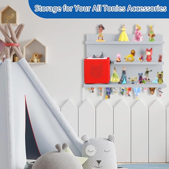 PHOENANCEE for Tonies Shelf Magnetic,for Toniebox Figures Storage Display Shelf (40-48 Character),Wall Floating Shelves,Compatible Charging Station for Children Kid's Room,Pine,3 Tier(Gray White)