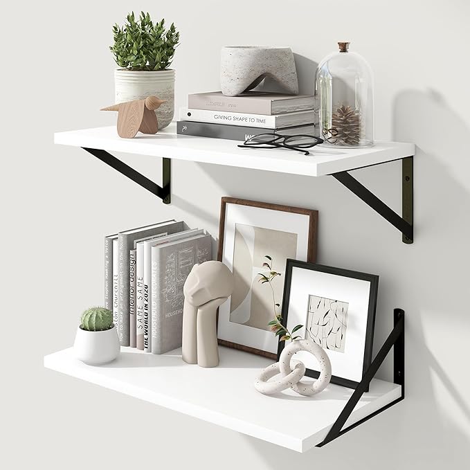 Marsmiles White Floating Shelves for Wall - 24 Inch Wide x 12 Inch Deep Wall Shelves Set of 2 - Wood Floating Shelves for Living Room Bedroom Bathroom
