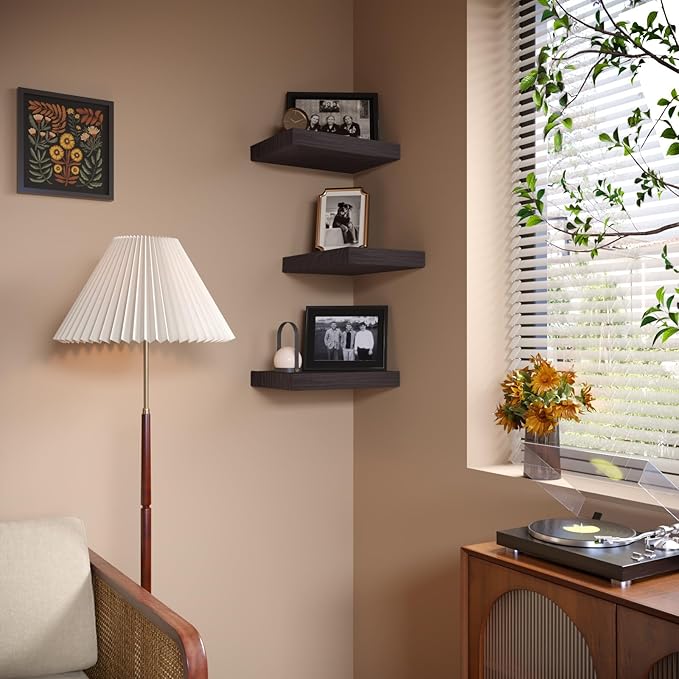 PopiShelves Small Floating Shelves for Wall - 12 x 9 Inch Rustic Brown Shelves for Bedroom, Living Room, Bathroom, Kitchen, Office Decor Set of 3