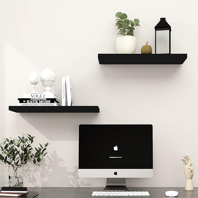 WELLAND Set of 2 Floating Shelves Wall Mounted Shelf, for Home Decor with 8" Deep (Black, 15 inch)