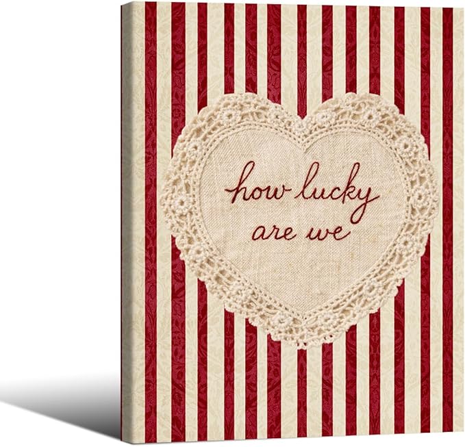 How Lucky Are We Wall Art Red Stripe Affirmation Quotes Poster Coquette Love Lace Heart Canvas Print Fashion Preppy Aesthetic Wall Decor Valentines Day Couple Gift 16X20 inch Wood Framed