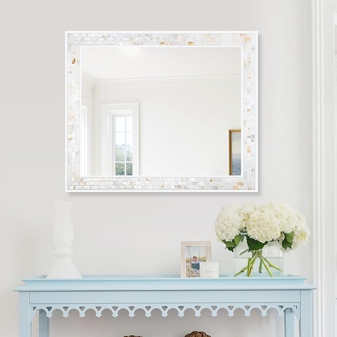 Tanmicoshomy 30 x 36 Inch White Rectangle Wall Mirror, Natural Shell Framed Rectangular Mirrors for Bathroom Bedroom, Living Room, Entryway, Wall Mounted Horizontal or Vertical