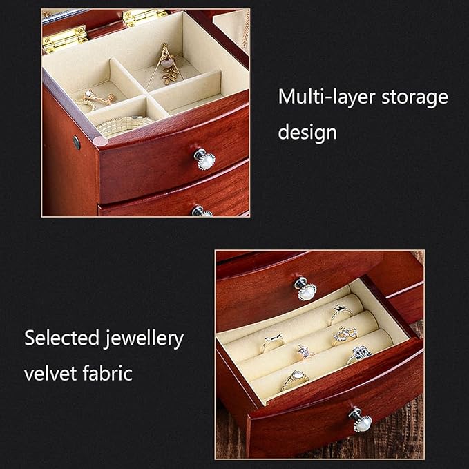 Makeup Organizers Wooden Jewelry Box for Women Solid Wood Jewelry Box with Tower Style 4 Drawers Organizer and 2 Separated Open Doors on 2 Sides and Large Mirror Jewelry Case
