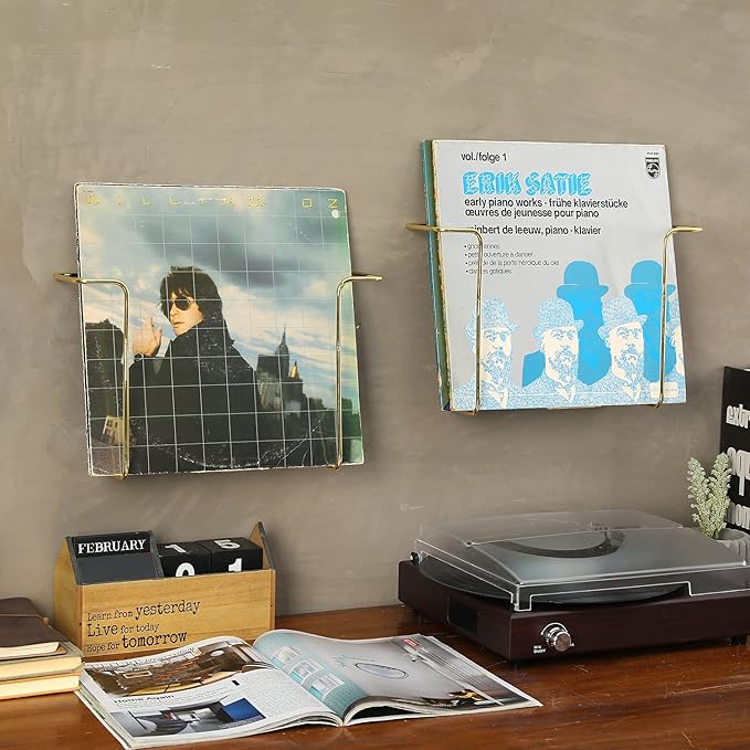 MyGift Modern Metal Wire Wall Mounted Vinyl Records Storage Racks, Hanging LP Record Holders, Floating Album Cover Display Shelves, Set of 2 (Brass-2 Pcs)