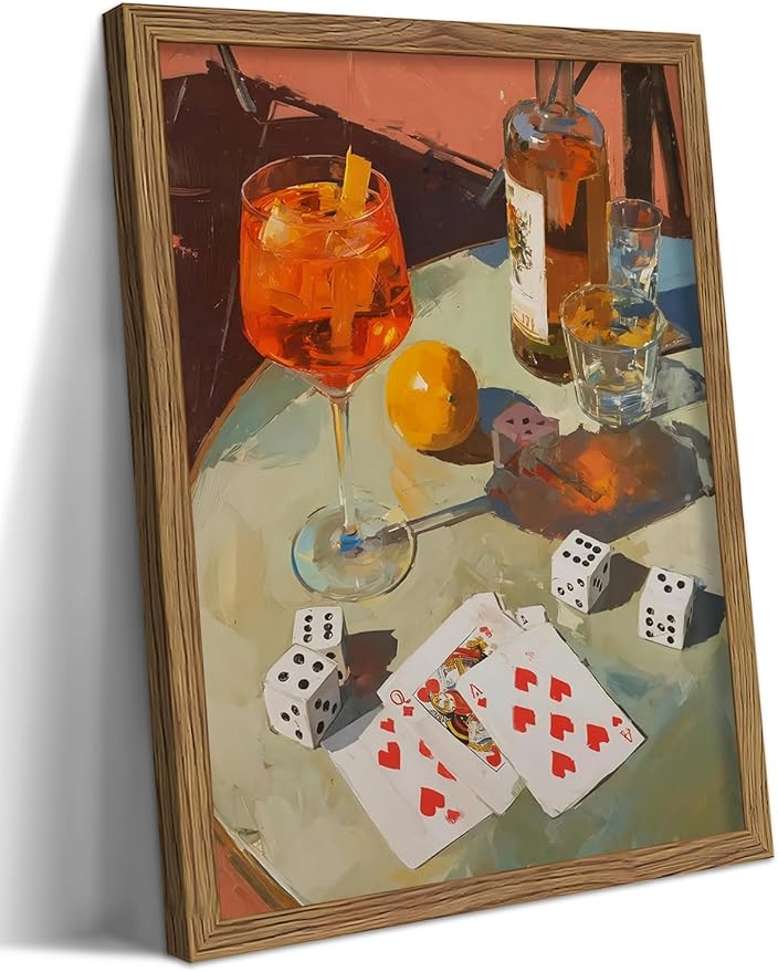 Framed Cocktail Bar Wall Art, Vintage Dice And Poker Canvas Wall Decor Painting, Whiskey Liquor Bar Still Life Artwork Poster Print Picture for Men Game Room Kitchen Dining Room Home Decor 16x24 Inch