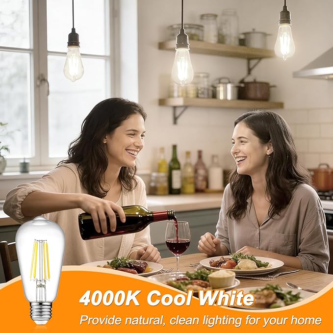 Ascher 12 Pack Vintage LED Edison Light Bulb 60W Equivalent, Decorative Antique Filament Light Bulbs with 80+ CRI, Cool White 4000K, 700 Lumens, E26 Base, Non-Dimmable