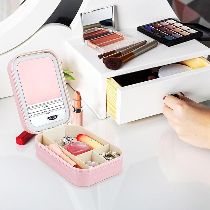 Adjustable Brightness Travel Makeup Case with LED Lighted Mirror Compact Small Organizer Bag with Divided Storage for Makeup and Jewelry Portable Rechargeable Vanity Box for Women