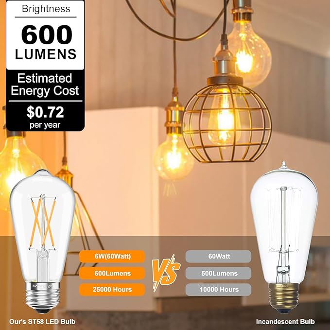 MorningLight 6 Pack Dimmable Vintage LED Edison Bulbs 60 Watt, E26 LED Edison Bulbs 60 Watt Warm White 2700K, ST58 Antique Decorative Filament Bulb 6W for Farmhouse Pendant, Porch Lights, 600LM