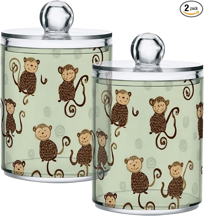 2 Pack Apothecary Jars Artistic Mint Monkey Pattern Bathroom Vanity Storage Organizer Set,Small Clear Plastic Storage Jars Bathroom Canister for Cotton Swabs, Rounds, Balls, Qtips,Makeup Sponge