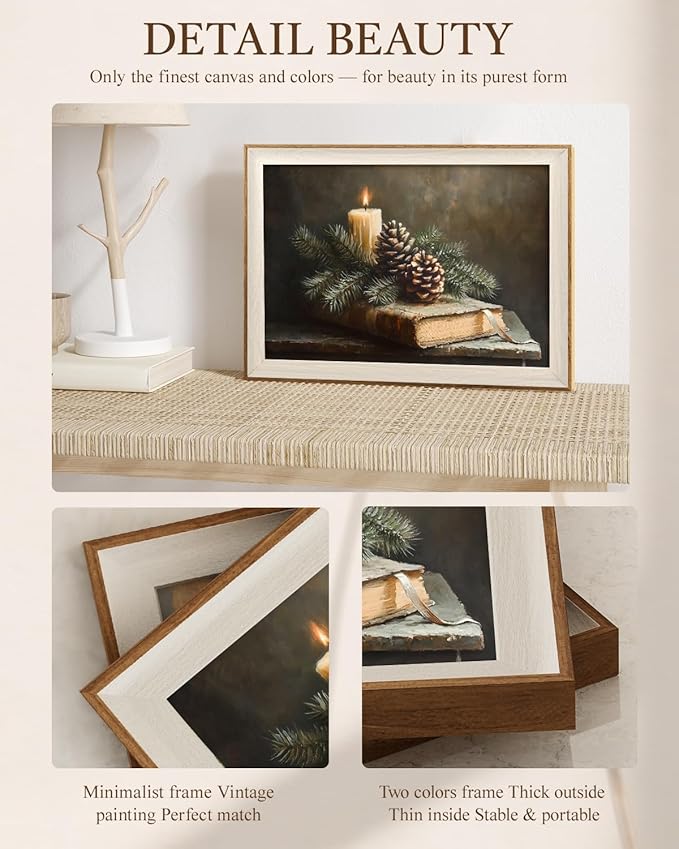 VIYYIEA Winter Framed Wall Art for Living Room, Books and Pinecones Canvas Prints, Oil Painting Home Decor, Christmas Picture, Bathroom Wall Decor Gifts for Friends or Family - 16L x 12W