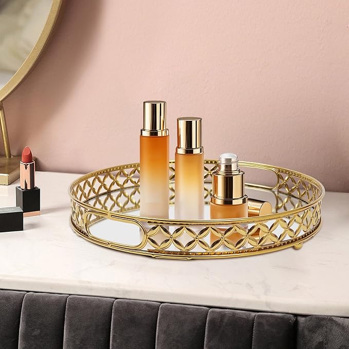 12.6 Inch Round Gold Mirrored Vanity Tray,Metal Mirror Decorative Jewelry Storage Tray,Perfume Makeup Organizer Trays for Dresser Bathroom Counter Home Decor (Round)