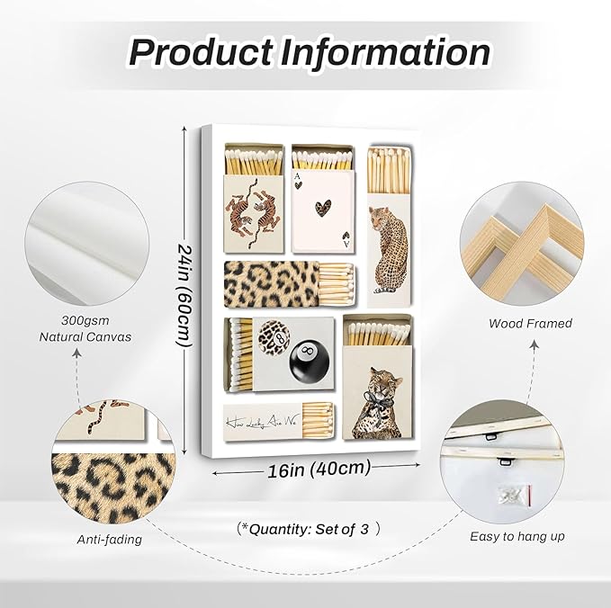 Trendy Leopard Wall Art Decor Cheetah Aesthetic Canvas Prints Preppy Cheetah Room Decor Poster Stylish Matchbox Wall Art Funky Y2k Pictures Lucky 8 Ball Artwork for Bedroom 16x24x3 Inch Wrapped Canvas