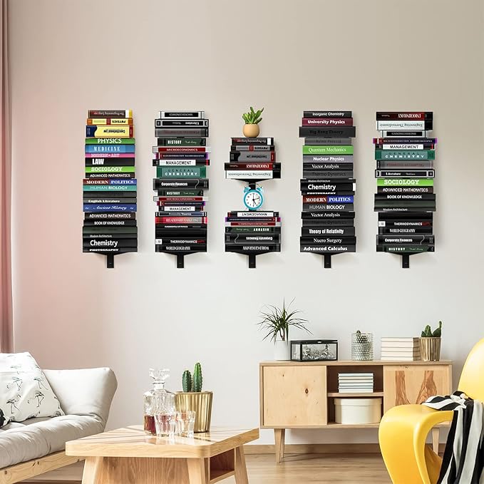 Floating Book Shelves for Wall, 8 Tier Invisible Floating Bookshelf, Vertical Spine Book Tower, Wall Mounted & Space Saving, Heavy Duty Metal Book Organizer for Home Office, 4 Pack Black