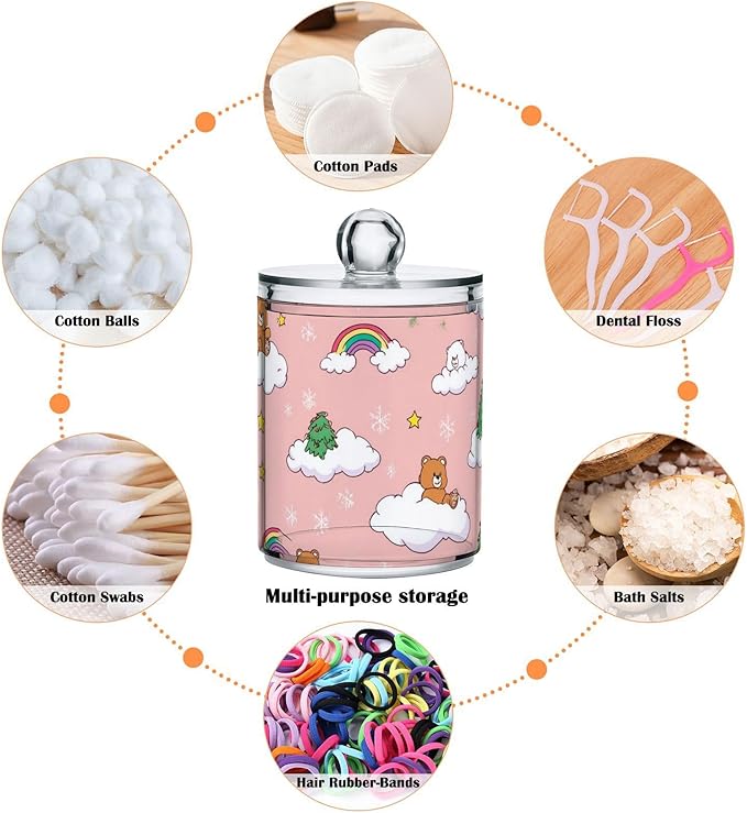2 Pack Apothecary Jars Cute Pink Bear Cloud Bathroom Vanity Storage Organizer Set,Small Clear Plastic Storage Jars Bathroom Canister for Cotton Swabs, Rounds, Balls, Qtips,Makeup Sponges, Floss