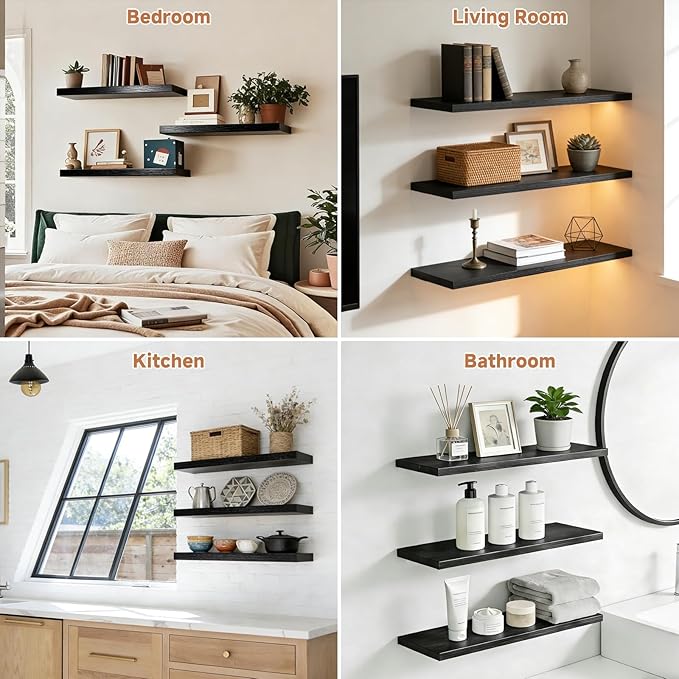 Easy Install Floating Shelves, 15.7 Inch Wall Mounted Wooden Shelf, Small Hanging Shelf for Home Decor, Books and Storage, Organizer for Bedroom, Bathroom, Kitchen, Set of 3, Black