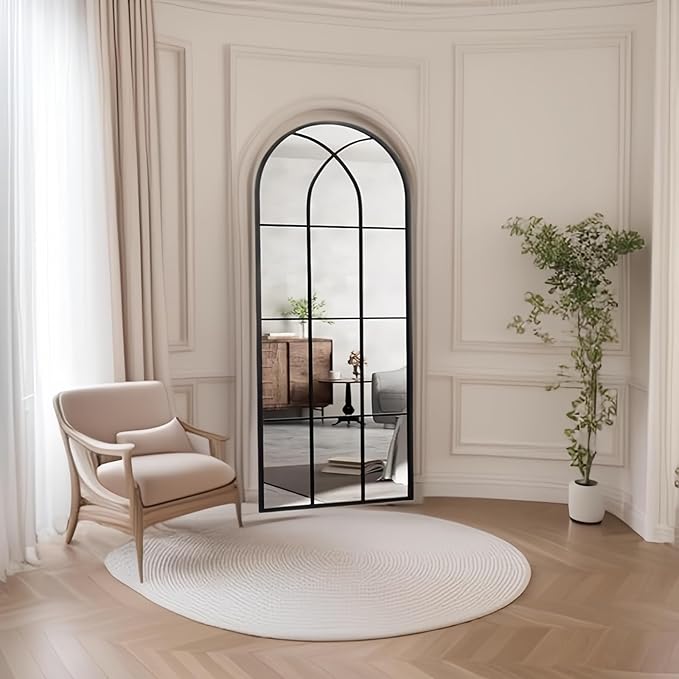 Rowjut Black Full Length & Floor Mirror 71" x 32" Window/Wall Decorative Mirrors, Iron Framed Window Pane Mirror, Arched Top Wall Mirror for Entryway Living Room, Bedroom, Fireplace (Black)