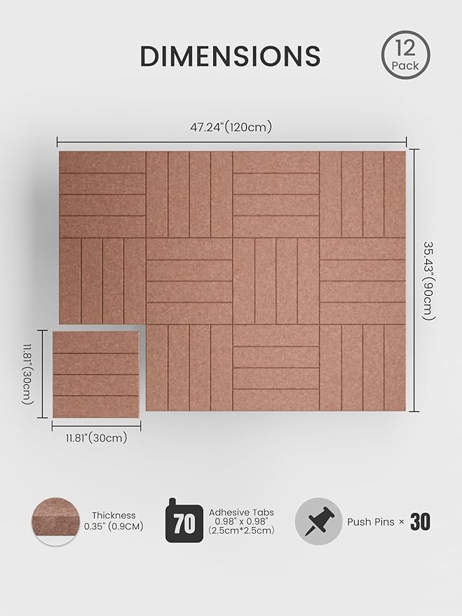 Bumusty Large Cork Board Alternative-48 x 36" Felt Bulletin Board Tiles, with 30 Pushpins, 70 Adhesive Tabs, Bold-Stripe 12-Pack, Cork Boards for Office Push Pin Board Felt Board-Terracotta