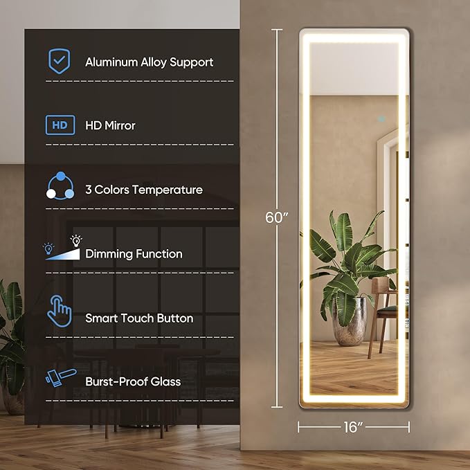 Mirror Full Length, Upgraded Body Wall Mirrors with Shatter-Proof Glass, Floor Standing, Hanging or Leaning, Tall Mirror with Stand Aluminum Alloy Frame for Bedroom