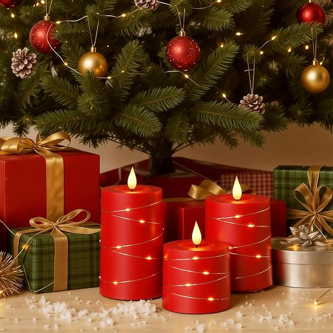 Raycare Flameless Candles with Remote Timer, Flickering Battery Operated LED Pillar Fake Candle with String Lights for Home Decor, Christmas, Wedding and Gift, Red, Set of 3