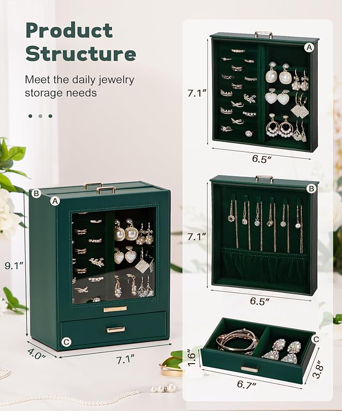 Homde Mothers Day Gifts Jewelry Organizer Girls Women Jewelry Box for Necklaces Rings Earrings Gift Bracelets Storage Case (Forest Green + Gold)