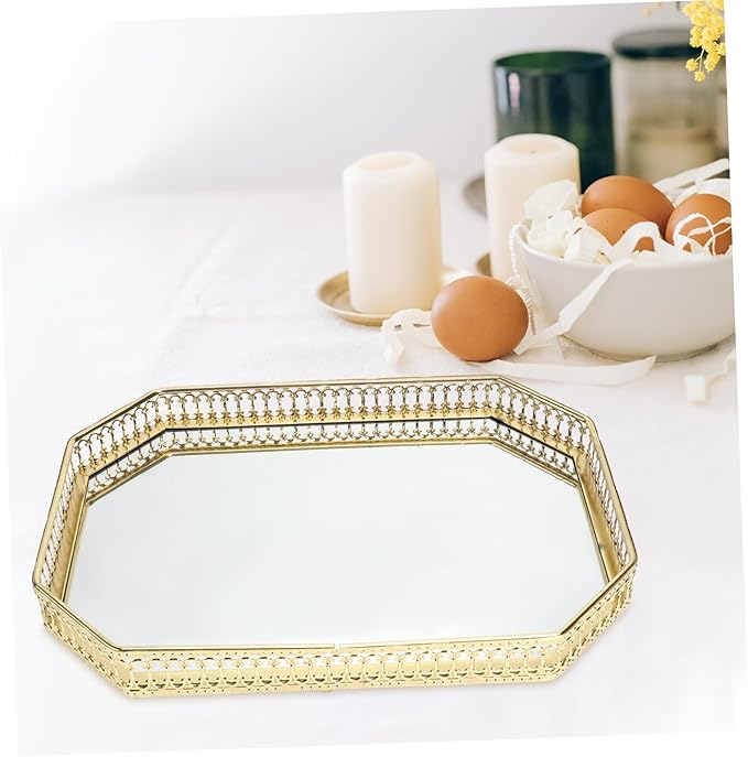 Garneck Nordic Style Mirror Jewelry Storage Tray Glass Makeup Organizer Polygonal Metal Plate Decorative Cosmetics Display for Home Decor