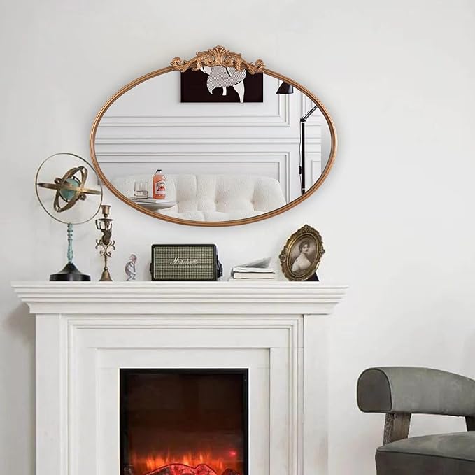 HQiJun Oval Gold Mirror for Bathroom Vanity, Baroque Ornate Vintage Wall Mirror with Large Rounded Metal Frame, Decorative Antique Brass Mirror for Bedroom, Dresser, Entryway (Gold, 24”x 35.5" x1.2")