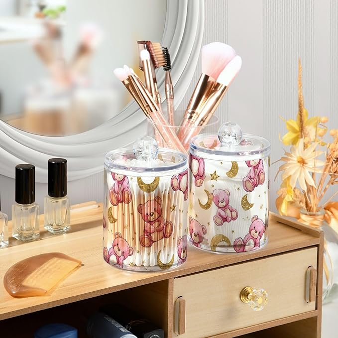 2 Pack Apothecary Jars Teddy Bear Celestial Pink Bathroom Vanity Storage Organizer Set,Small Clear Plastic Storage Jars Bathroom Canister for Cotton Swabs, Rounds, Balls, Qtips,Makeup Sponges,