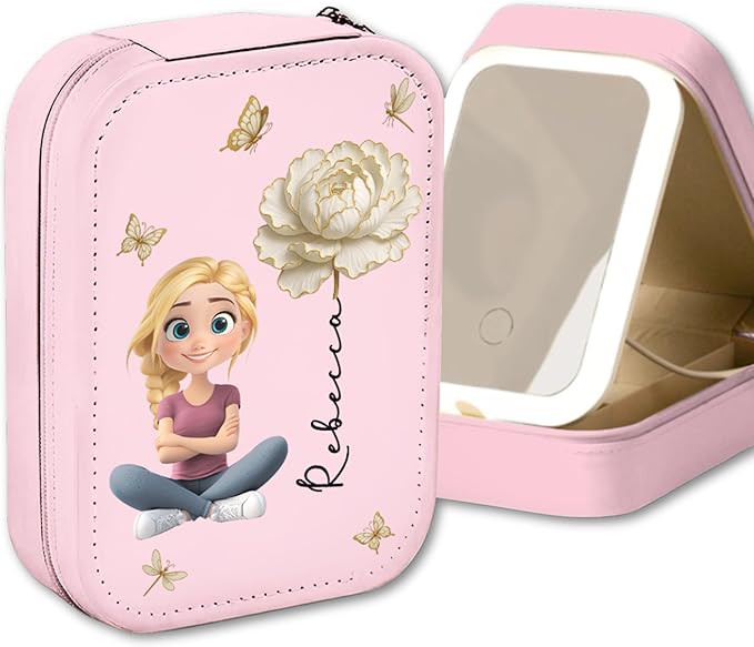 Wrappiness Women & Girls Floral Makeup Box With LED Mirror - Personalized Birthmonth Flower Travel Jewelry Organizer Gift for Daughters Sisters on Birthday Christmas Graduation Wedding