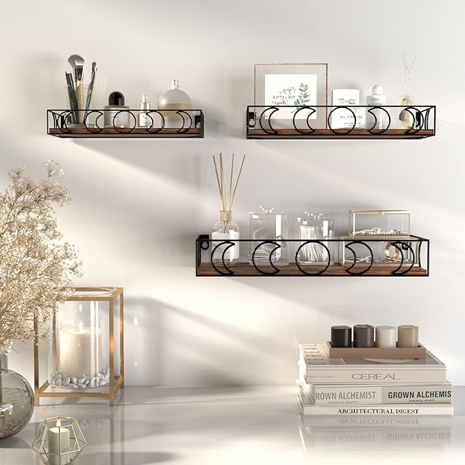 PHAREGE Moon Phase Floating Shelves Brown Black, Set of 3 Small Decorative Wall Shelves for Book Plant Storage, Crystal Figurine Collectibles Display Shelf for Bedroom Kid Room