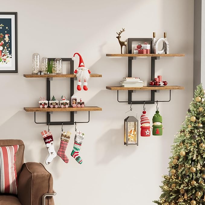Creso hom Floating Shelves for Wall Set of 2, Wood Wall Shelf with 6 Hooks, 2 Tier Hanging Decorative Storage Shelves for Living Room Bedroom Bathroom Kitchen Office Coffee Bar, Rustic Brown