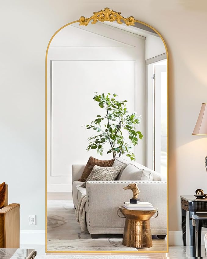 Vintage Full Length Mirror,78"x38" Arched Antique Floor Mirror with Carved Metal Frame,Large Standing Wall Mounted or Leaning Mirror for Bedroom Living Room Entryway,Gold