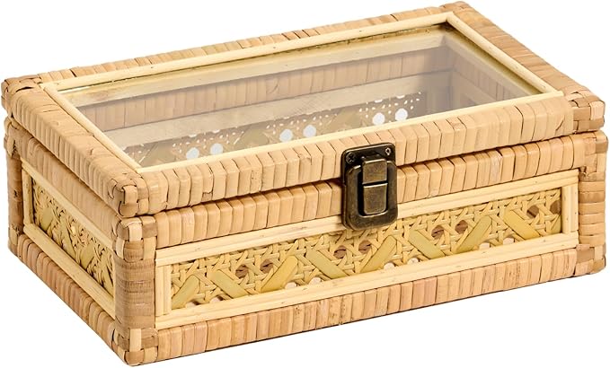 Decorative Rattan Box with Clear Glass Lid Wooden Frame Handmade Boho Natural Wicker Basket Woven Cane Bin Keepsake Memory Jewelry Organizer Rectangular Desk Shelf Closet Container (Small)