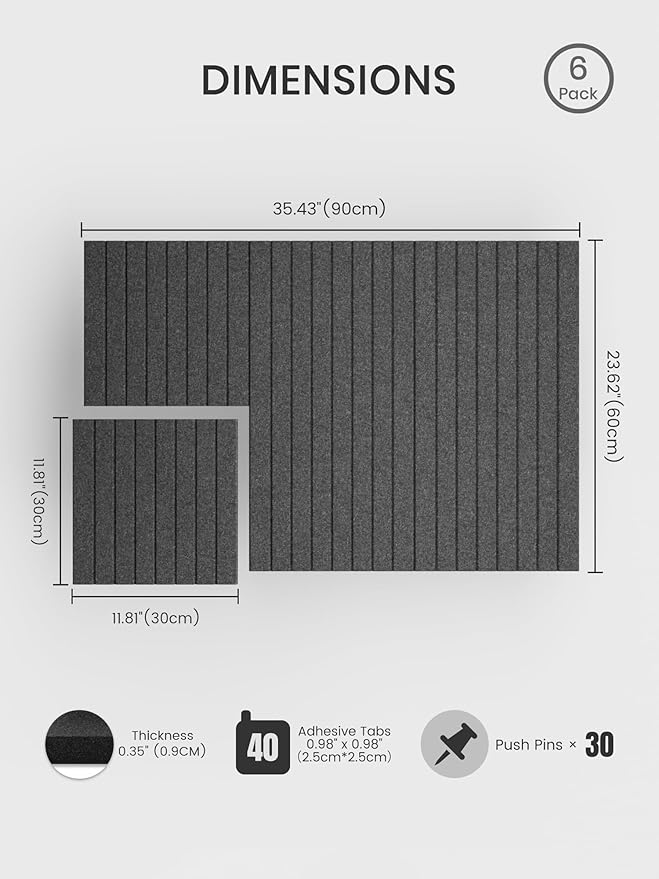 Bumusty Large Cork Board Alternative-36 x 24" Felt Bulletin Board Tiles, with 30 Pushpins, 40 Adhesive Tabs, Fine-Stripe 6-Pack, Cork Boards for Office Push Pin Board Felt Board-Charcoal Gray