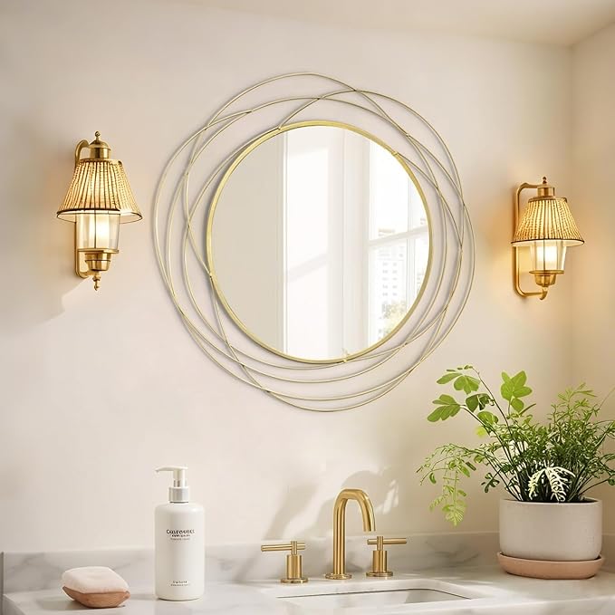 HQiJun Round Wall Mirror - 26.8" Large Gold Circle Mirror for Wall with Art Decorative Durable Metal Frame, Modern Hanging Mirror for Bathroom Over Sink, Bedroom, Entryway, Vanity or Living Room