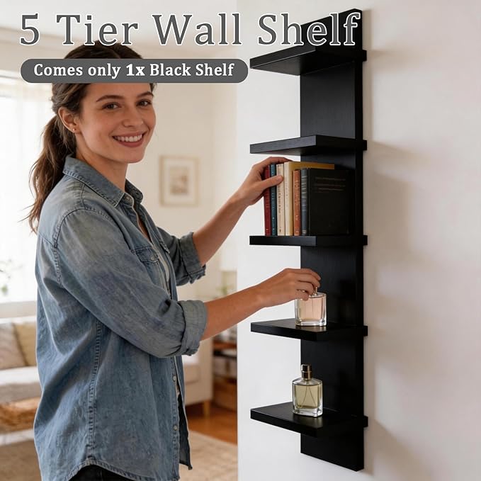 5 Tier Wall Shelf Unit, Decorative Wall Mount Vertical Shelving, Smooth Laminate Finish, Floating Storage Home Decor Organizer Tall Tower Design Utility Shelf for Bedroom Living Room (Black)