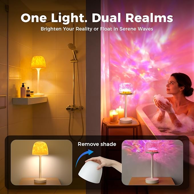 Waterproof Shower Lamp with 16 Color Ocean Wave Projector, Rechargeable LED Light with Remote & Touch Control, 3 White Modes, USB-C, for Bathroom, Bedroom, and Spa Gifts