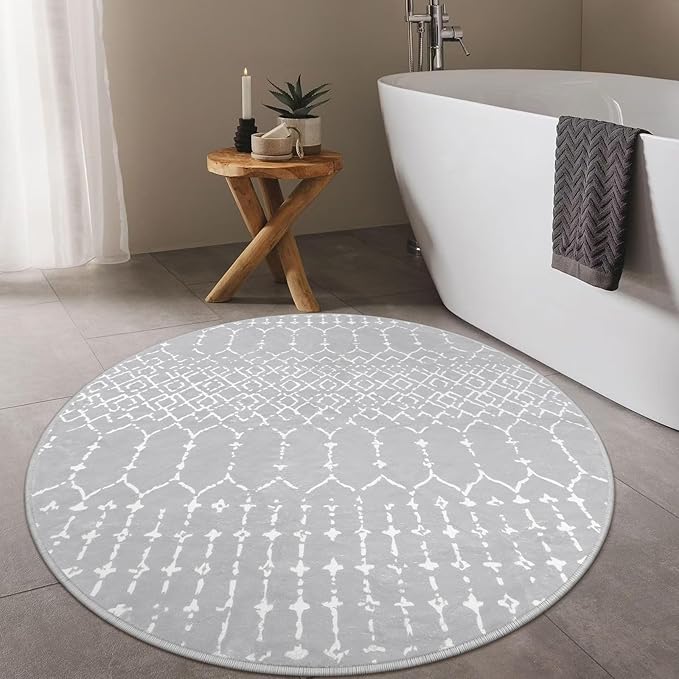 Lahome Moroccan Round Washable Rug 3Ft Small Circle Soft Non-Slip Grey Bathroom Rug, Stain Resistant Low Pile Entryway, Modern Geometric Print Indoor for Kitchen Sofa Doorway Hana